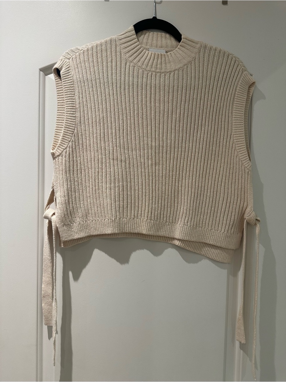 Sleeveless Rib-Knit Side-Tie Sweater Vest in Cream
